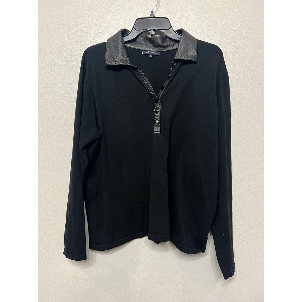 AK Anne Klein Black Silk Blend Knit Top Leather Collar Button Placket 2X